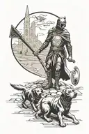 shadow of man with metal detector and in other hand a shovel, beside him a dog looking on warriors, celtic,roman, knight tattoo design idea