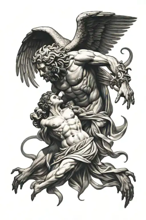 The Greek God Ganymede using Medusa's snakes to kill zeus tattoo design idea