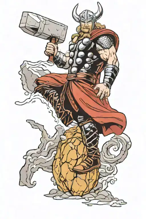 Thor wielding Mjolnir in the midst of Ragnarok scene tattoo design idea