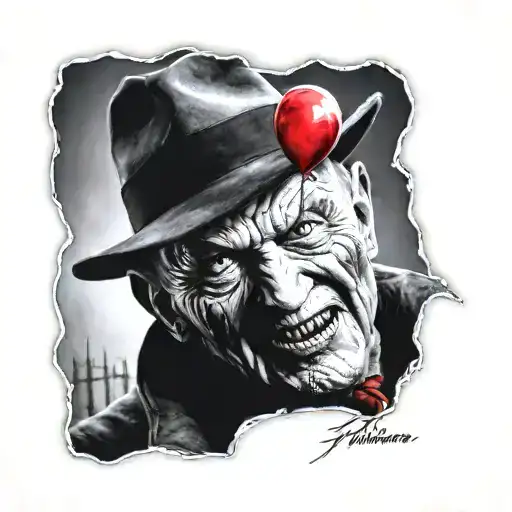 A realistic portrait of Freddy Krueger with a background of IT's red balloon tattoo design idea