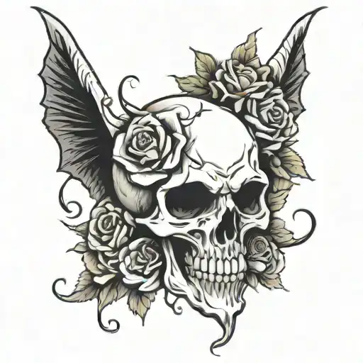 evil demon skull w roses tattoo design idea