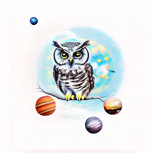 realistic owl with solar system tattoo design idea