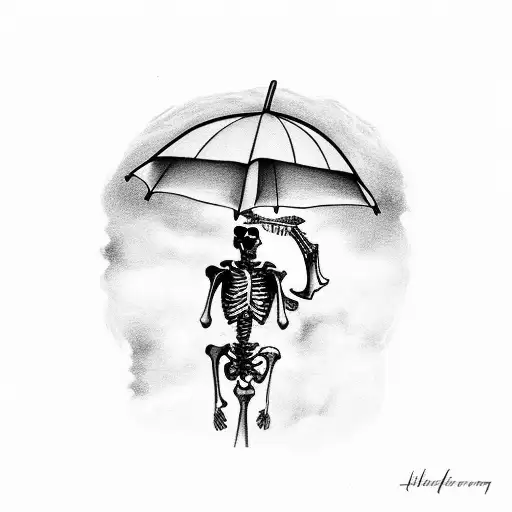 skeleton holding umbrella in the rain. Strom clouds and lightning in the background. The words "When It Rains It Pours" tattoo design idea