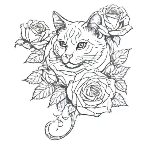 a rose with a cat, goth, witchy style tattoo tattoo design idea