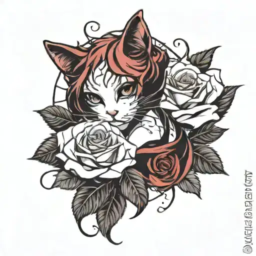 a rose with a cat, goth, witchy style tattoo tattoo design idea