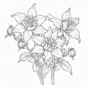 columbine flowers with rocky mountain background black and white tattoo design idea
