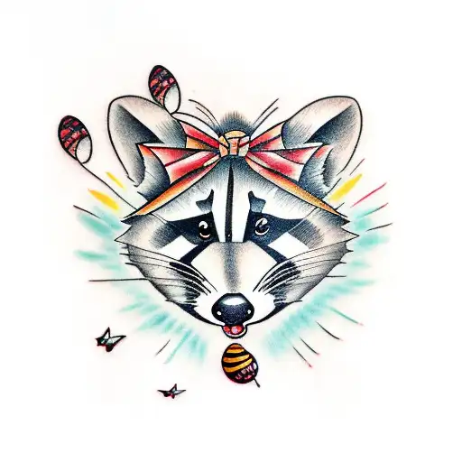 cartoon racoon, tigger, and butterflies tattoo design idea