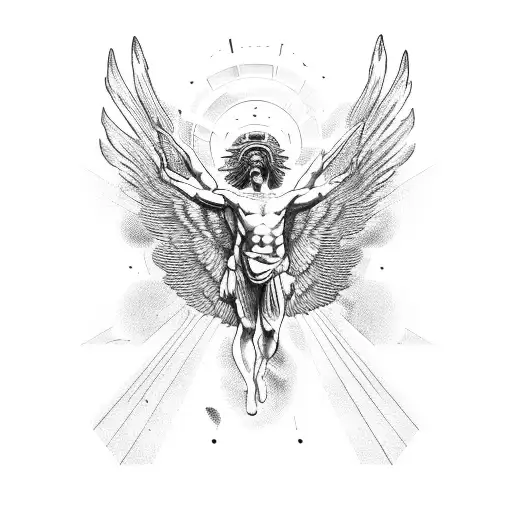 Icarus from greek mithology with burning wings meeting Apollo tattoo design idea