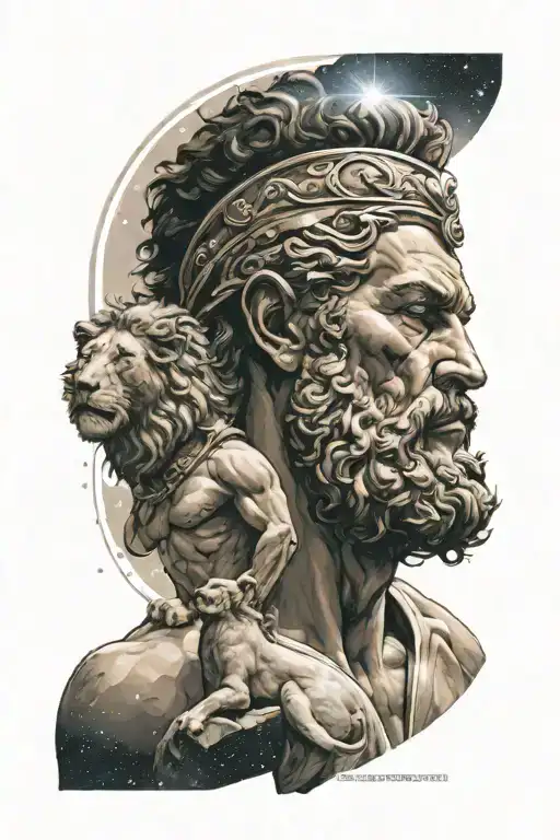 Hercules with lion on head looking out into the solar system tattoo design idea