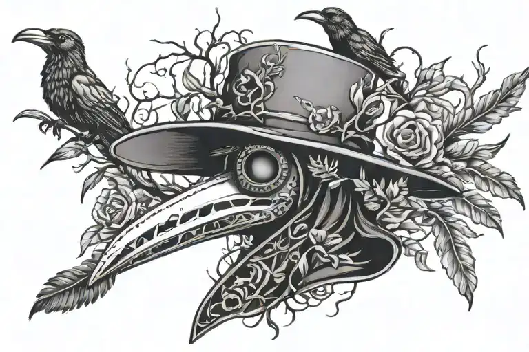Plague doctor mask in the middle, branches, blood, feathers and crows on the sides tattoo design idea