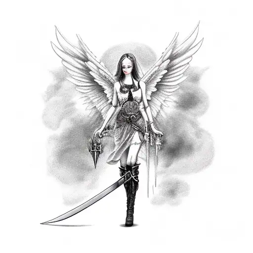 gothic female angel with sword and smoke or clouds in the background tattoo design idea