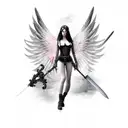 gothic female angel with sword and smoke or clouds in the background tattoo design idea