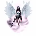 gothic female angel with sword and smoke or clouds in the background tattoo design idea