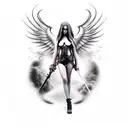 gothic female angel with sword and smoke or clouds in the background tattoo design idea