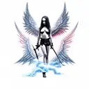 gothic female angel with sword and smoke or clouds in the background tattoo design idea