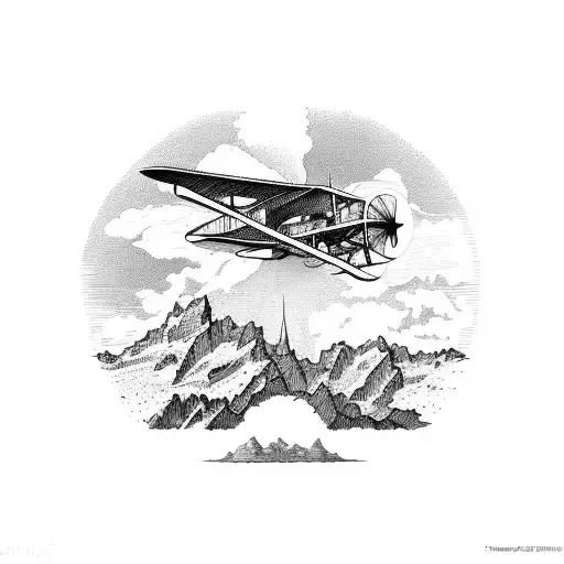 Fokker triplane soaring in the sky above the Swiss alps tattoo design idea