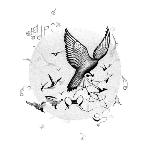 A dotwork tattoo of a veterinarian symbol surrounded by birds in flight and musical notes. tattoo design idea