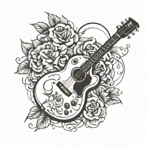 Gibson guitar electric black and white flowers around tattoo  tattoo design idea