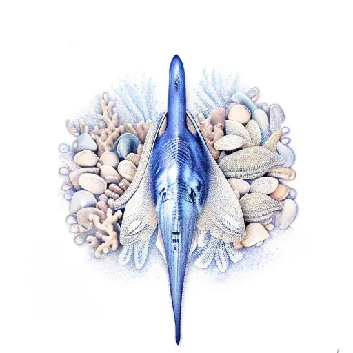 a blue whale wrapped in shells, coral and lily petals tattoo design idea