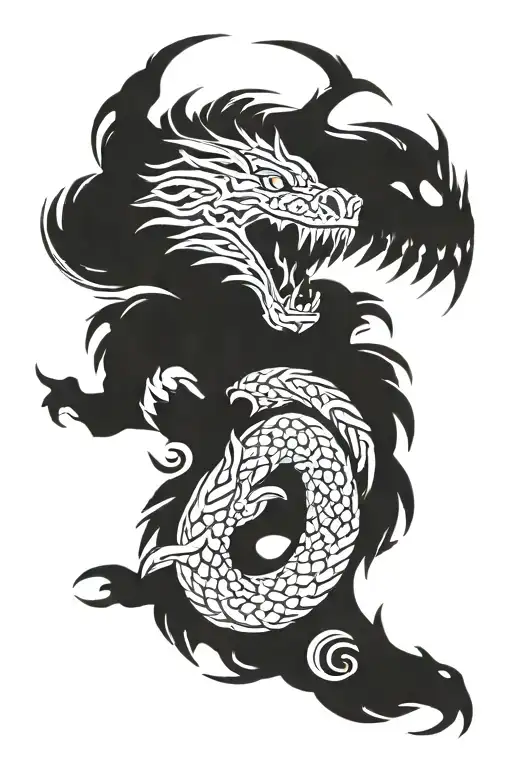 jormungandr wrapping symbol of loki and bites it's own tail, eyes of fenrir hidden but can be seen tattoo design idea