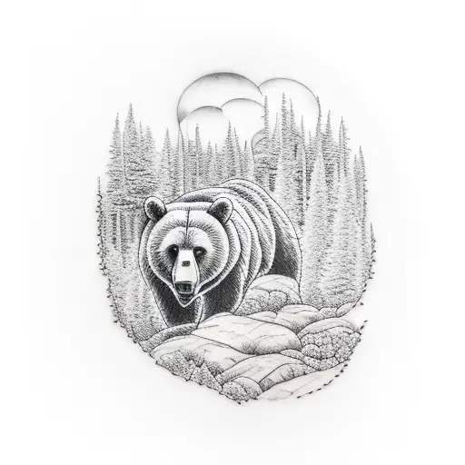 Forest with bear and river tattoo design idea