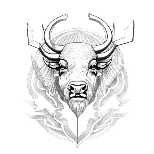 Buffalo with butterfly and two-bladed ax tattoo design idea