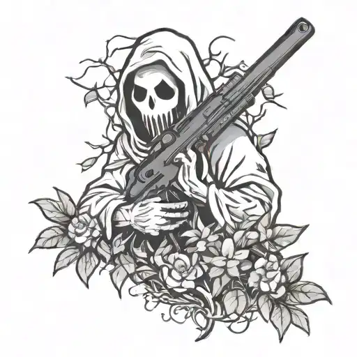 ghost peeking out of a bush holding a weapon  tattoo design idea