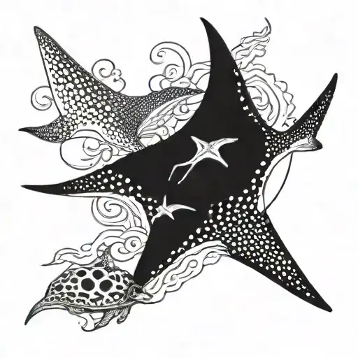 2 Eagle ray swimming gracefully, scuba diver, turtle following tattoo design idea