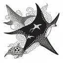 2 Eagle ray swimming gracefully, scuba diver, turtle following tattoo design idea