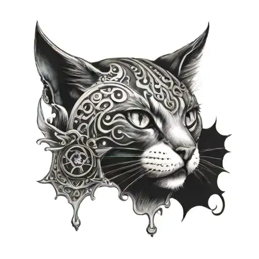 A dark and mysterious tattoo featuring a cat with piercings and gothic elements tattoo design idea