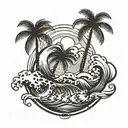 tattoo on calf. one palm tree and 3 waves tattoo design idea