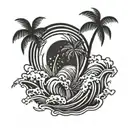 tattoo on calf. one palm tree and 3 waves tattoo design idea