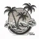 tattoo on calf. one palm tree and 3 waves tattoo design idea