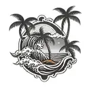 tattoo on calf. one palm tree and 3 waves tattoo design idea