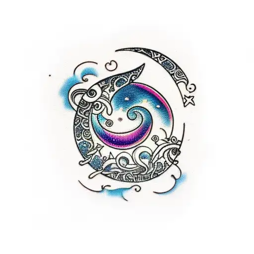 Moon, stars, flowers, swirls, diamonds, long forearm tattoo tattoo design idea