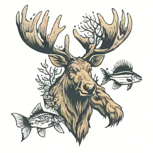moose, fish, deer head tattoo design idea