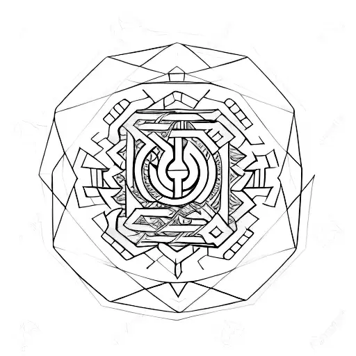 A minimalist geometric design featuring the initials S S J L with elements of Buddhist symbolism tattoo design idea