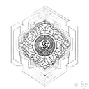 A minimalist geometric design featuring the initials S S J L with elements of Buddhist symbolism tattoo design idea