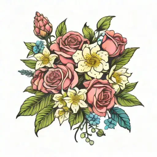 birth flower bouquet February x march x June x August x December  tattoo design idea