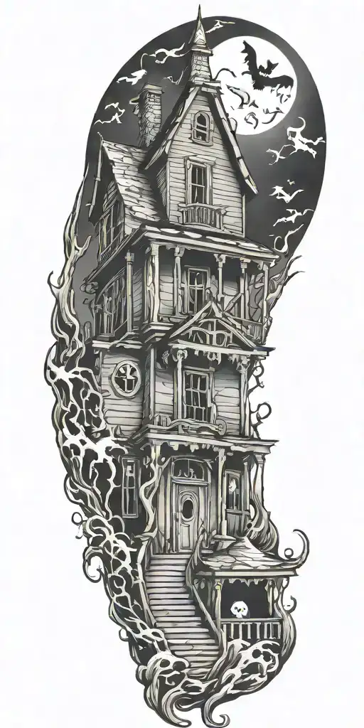 haunted house with ghost tattoo design idea