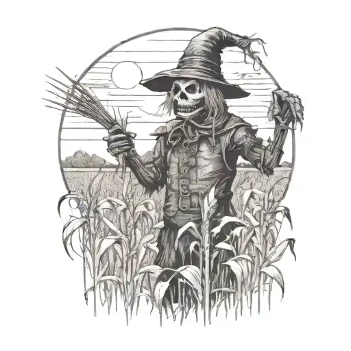 creepy scarecrow in a field of withered corn field tattoo design idea