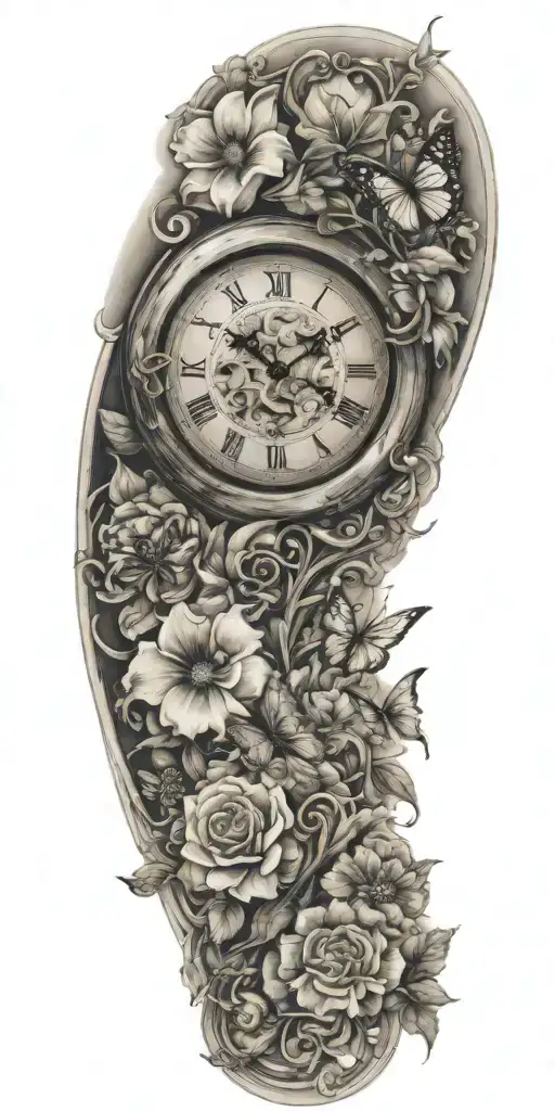 flowers and butterflies surrounding a clock embedded tattoo design idea