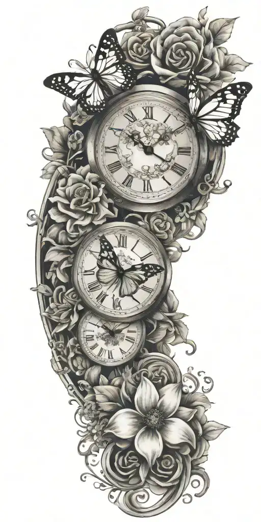 flowers and butterflies surrounding a clock embedded tattoo design idea