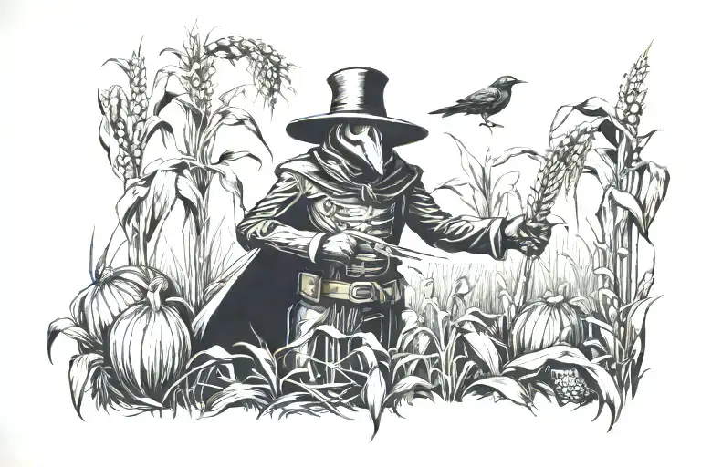 Plague doctor scarecrow in field of healthy corn (the corn in the scarecrows shadow is wilted)  tattoo design idea