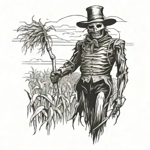 creepy scarecrow in a field of withered corn field tattoo design idea