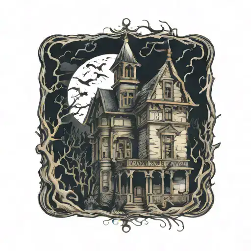haunted house with ghost tattoo design idea