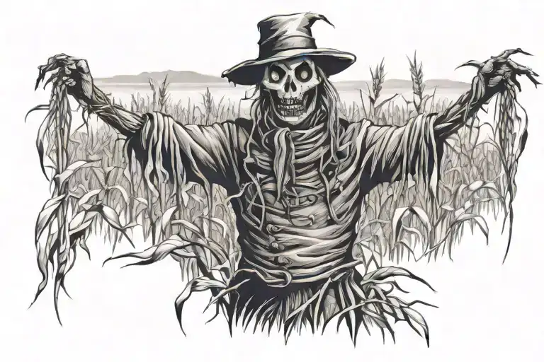 creepy scarecrow in a field of withered corn feilds in background tattoo design idea