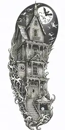 haunted house with ghost tattoo design idea