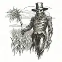 creepy scarecrow in a field of withered corn field tattoo design idea