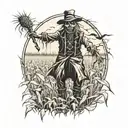 creepy scarecrow in a field of withered corn field tattoo design idea